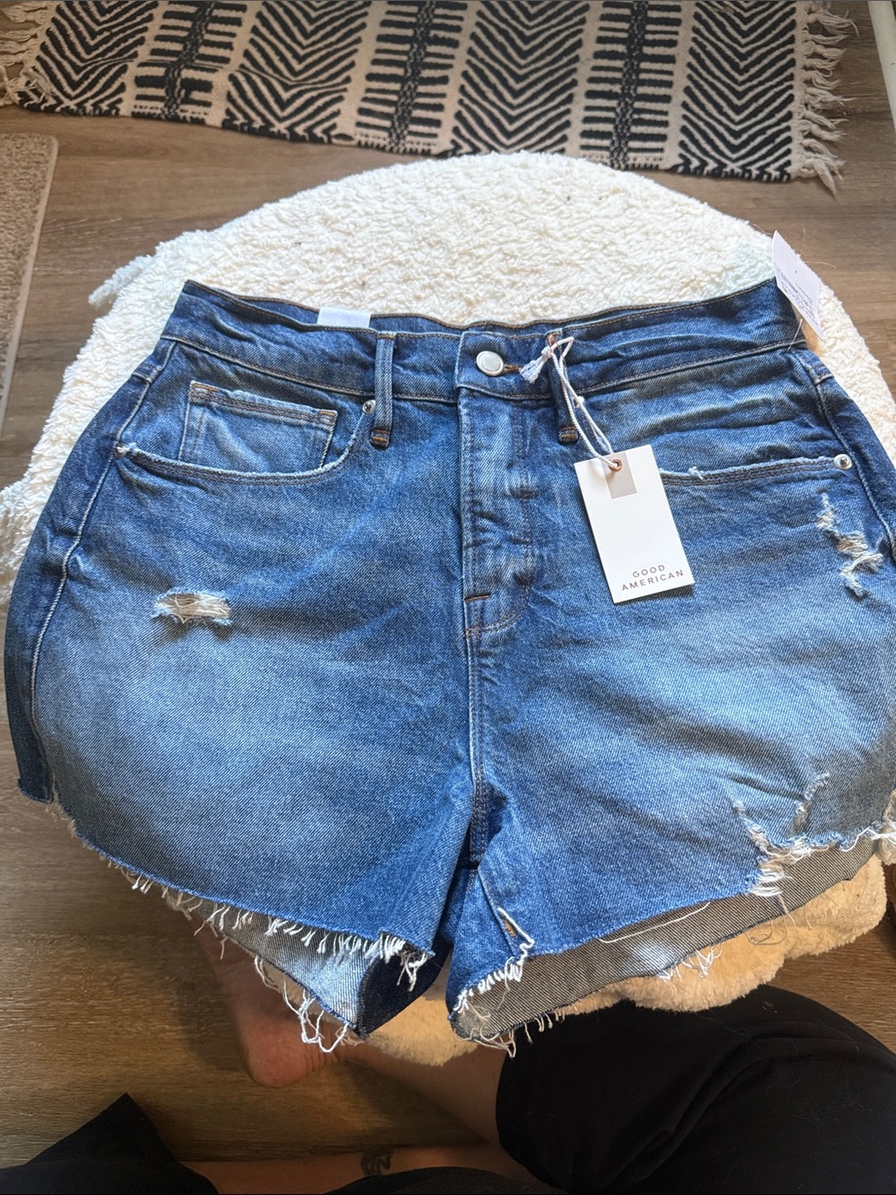Good American Medium Blue Distressed High-Rise Denim Shorts